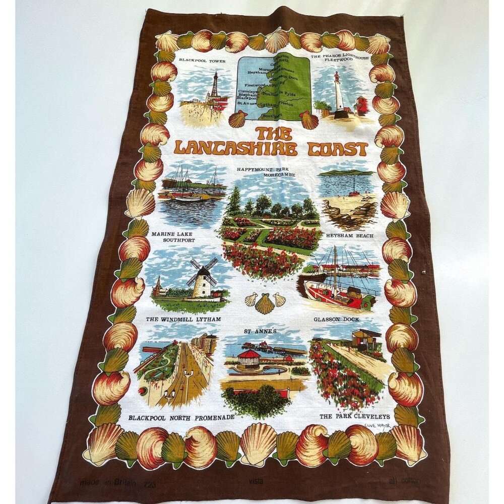 Vintage Lancashire Coast tea towel, Vista 100% cotton, Lancashire landmarks